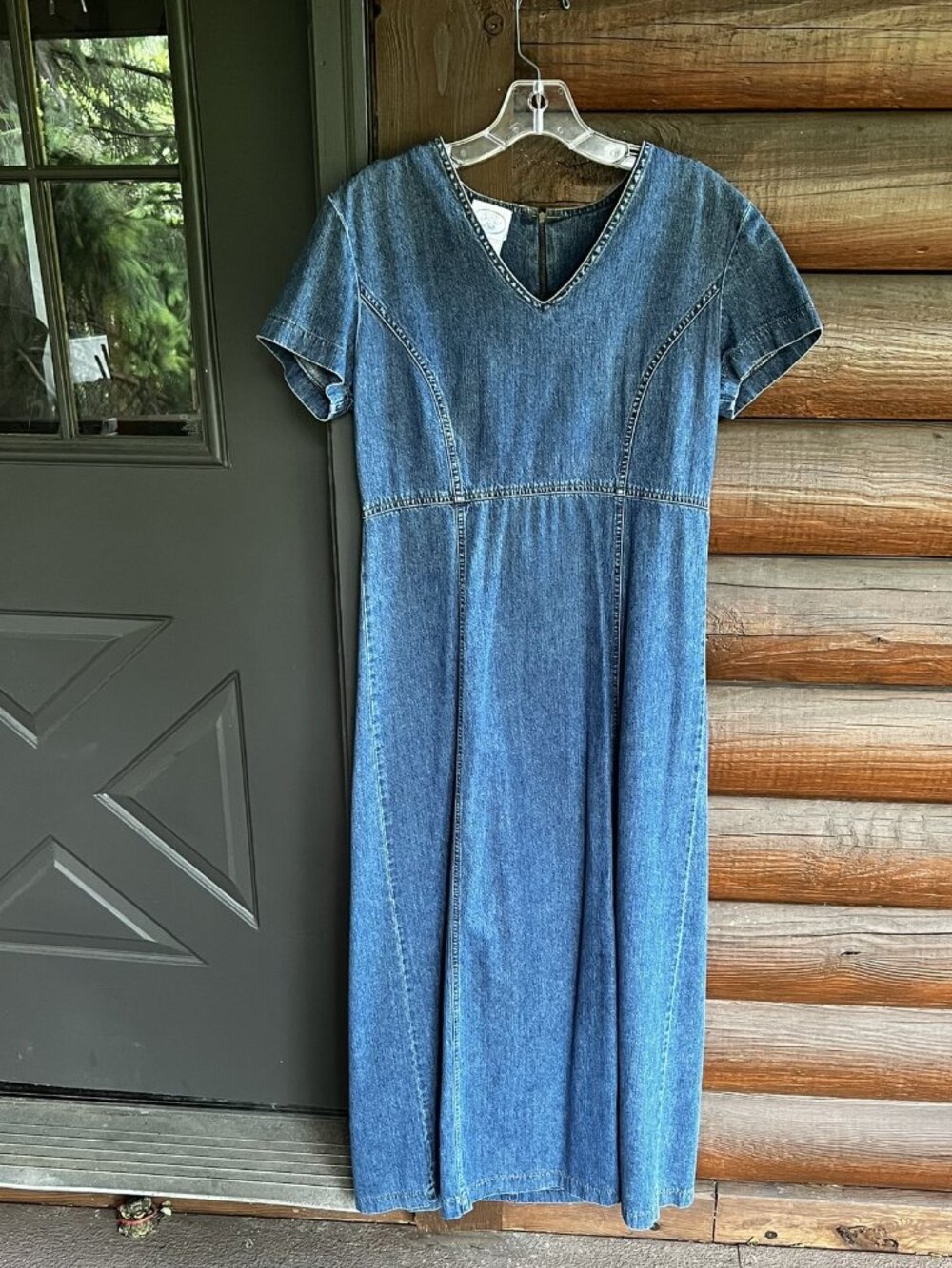 Vintage Laura Ashley 100% Cotton Denim Maxi Dress w/Cap Sleeves Zipper Back Sz 8